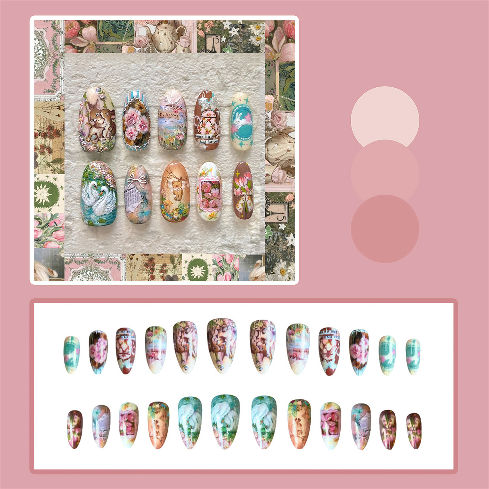 24pcs Vintage Garden Fake Nail - Pressed Flower Art 评论和价格